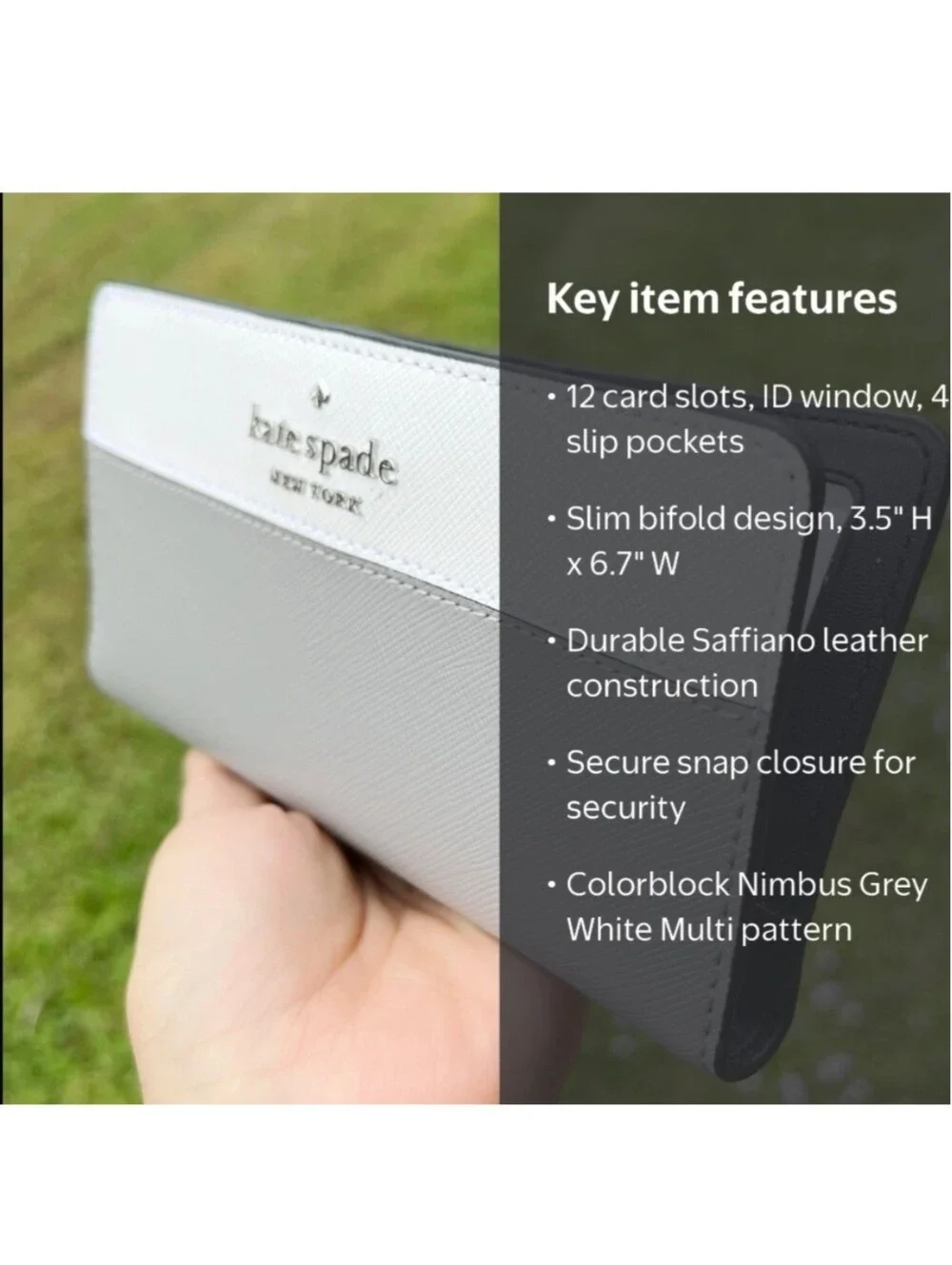 Kate Spade Leather Staci Snap Wallet Bi Fold Slim Colorblock Nimbus Grey & White